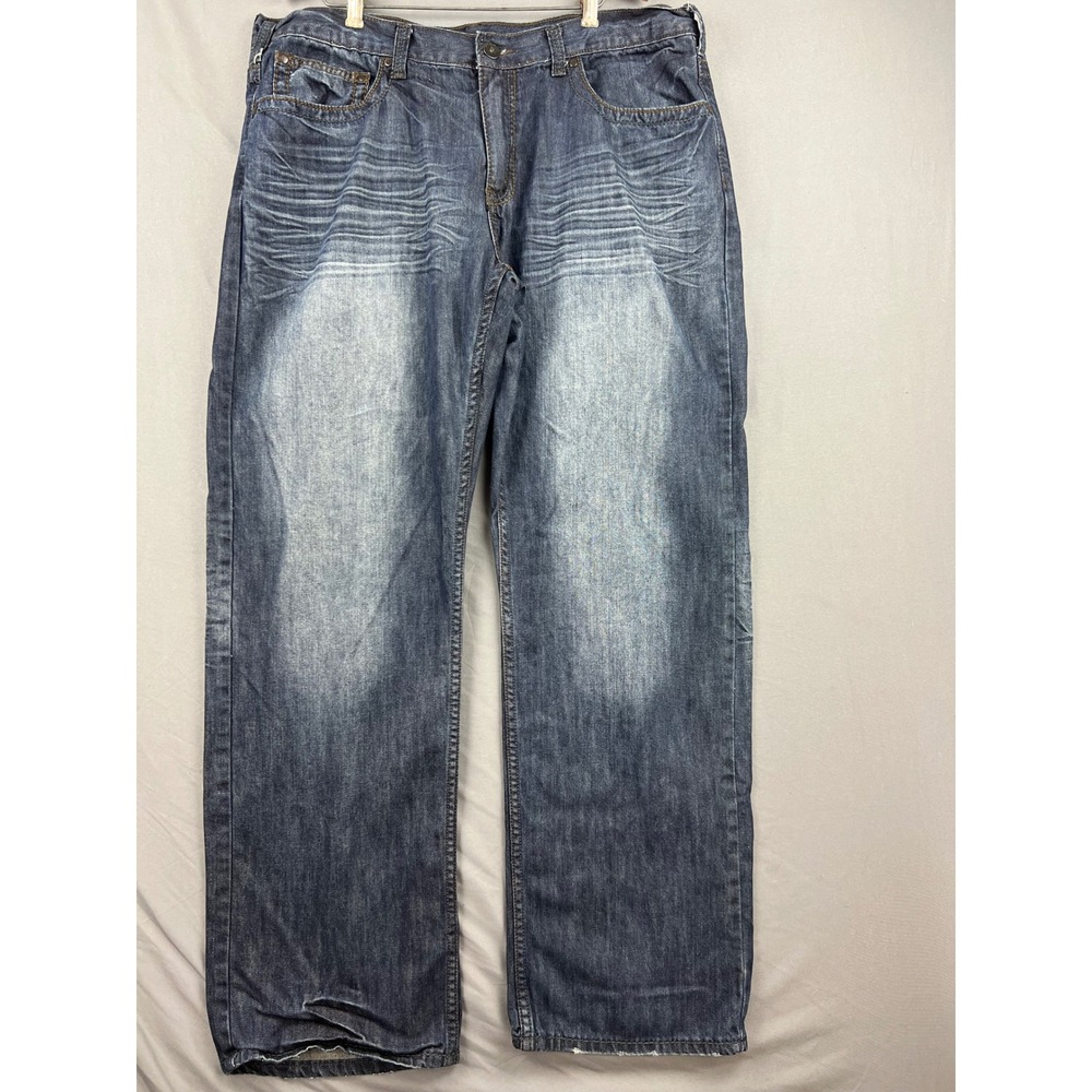 Helix Loose Straight Jeans Mens 38x32 Blue Denim Whiskered Embroidered Good